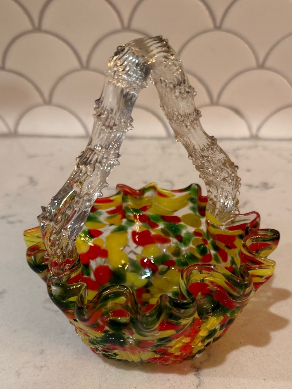 Vintage Handblown Splatter Art Glass Thorn Handled Basket